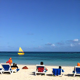 Caribbean Holidays, Aruba February Holidays, People relaxing on Palm Beach in Aruba, with sun loungers, calm blue water, colourful watersports and a clear sky