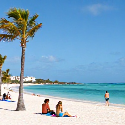 Caribbean Holidays, Aruba February Holidays, Sunny Palm Beach in Aruba with calm turquoise sea, white sand and travellers relaxing beneath palm trees in February