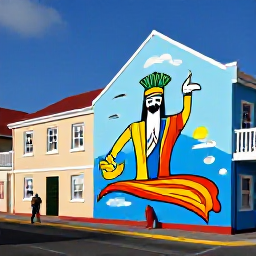 Caribbean Holidays, Aruba February Hotspots, Colourful street-art mural and pastel buildings in San Nicolas, Aruba, photographed in bright daytime light with a visitor exploring the artwork