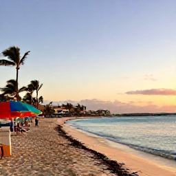 Caribbean Holidays, Aruba February Hotspots, Golden-hour photograph of Palm Beach in Aruba with calm turquoise water, pale sand, colourful beach umbrellas and a warm February sunset