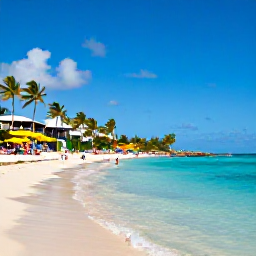 Caribbean Holidays, Aruba Holidays, A wide view of Palm Beach in Aruba with calm turquoise water, white sand, palm trees and colourful beach life under a clear blue sky