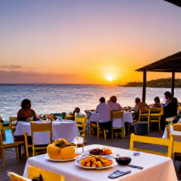 Caribbean Holidays, Aruba Holidays, Aruba evening dining scene with outdoor tables, colourful local food and a relaxed Caribbean sunset