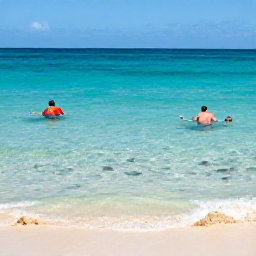 Caribbean Holidays, Aruba Holidays August, Aruba beach scene with snorkellers in clear shallow water, colourful fish, coral and golden sand