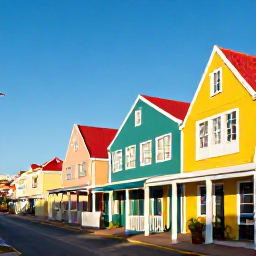 Caribbean Holidays, Aruba Holidays August, Colourful Oranjestad street in Aruba with Dutch-style buildings, local shops and sunny afternoon light