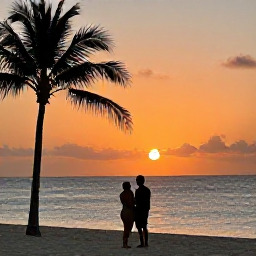 Caribbean Holidays, Aruba Holidays August, Couple enjoying an Aruba sunset from a beach, warm orange sky, calm sea and palm silhouettes