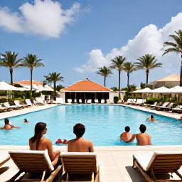 Caribbean Holidays, Aruba Holidays August, Guests relaxing beside an all-inclusive resort pool in Aruba, palm trees, sun loungers and bright Caribbean sunshine