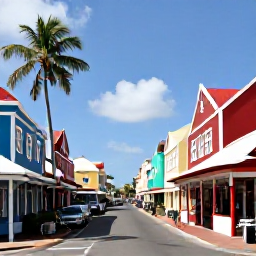 Caribbean Holidays, Aruba Holidays, Colourful Oranjestad street in Aruba with Dutch colonial architecture, local shops, palm trees and bright Caribbean sunlight