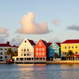 Caribbean Holidays, Aruba Holidays, Colourful Oranjestad waterfront with Dutch colonial buildings, palm trees and local shops in warm daylight