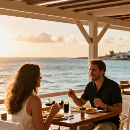Caribbean Holidays, Aruba Holidays, Couple dining at an open-air restaurant beside the sea in Aruba during a warm golden evening