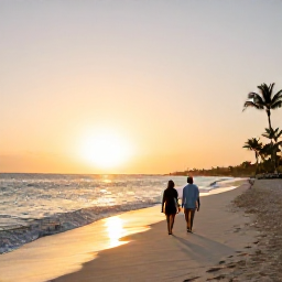 Caribbean Holidays, Aruba Holidays, Couple walking along a quiet Aruba beach at sunset with golden light, calm sea and tropical horizon