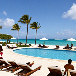 Caribbean Holidays, Aruba Holidays July, All-inclusive Aruba resort beside a palm-fringed beach, with a swimming pool, sun loungers and guests enjoying July sunshine