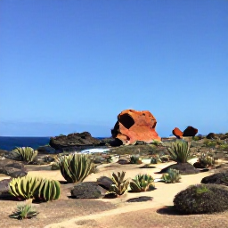 Caribbean Holidays, Aruba Holidays July, Aruba landscape in July showing rugged coastline, desert plants, cacti and a colourful natural rock formation under blue sky