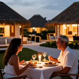 Caribbean Holidays, Aruba Holidays July, Couple dining outdoors at an Aruba resort in the evening, with warm lights, Caribbean food and a relaxed holiday atmosphere