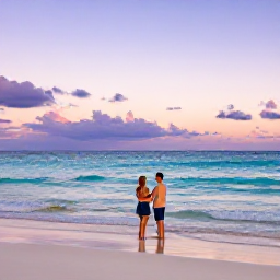 Caribbean Holidays, Aruba Holidays May, Couple enjoying a peaceful sunset on a Caribbean beach in Aruba, pastel sky and gentle waves