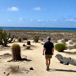 Caribbean Holidays, Aruba Holidays May, Couple exploring Arikok National Park in Aruba, rugged desert landscape, cactus plants and dramatic coastline