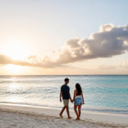 Caribbean Holidays, Aruba Holidays May, Couple walking hand in hand along Eagle Beach in Aruba at sunset, calm turquoise sea and soft golden light