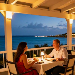 Caribbean Holidays, Aruba Holidays May, Romantic Aruba restaurant terrace at dusk with a couple dining, warm lights and a view of the Caribbean Sea
