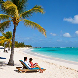 Caribbean Holidays, Aruba Holidays May, Romantic couple relaxing on a quiet Aruba beach with palm trees, sun loungers and clear blue water