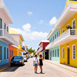 Caribbean Holidays, Aruba Honeymoon, A couple exploring Aruba's colourful streets and historic architecture near Oranjestad, with bright buildings and tropical sunshine