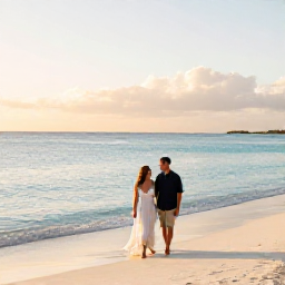 Caribbean Holidays, Aruba Honeymoon, A newlywed couple walking along a calm white-sand beach in Aruba at sunrise, with turquoise water and soft golden light