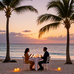 Caribbean Holidays, Aruba Honeymoon, A romantic beachfront dinner for two in Aruba at sunset, with a small table, candles, palm trees and the sea beyond