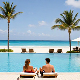 Caribbean Holidays, Aruba Honeymoon, A stylish Aruba honeymoon resort pool overlooking a tropical beach, with sun loungers, palm trees and a couple relaxing together