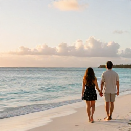 Caribbean Holidays, Aruba Honeymoon, Couple walking hand in hand along Eagle Beach in Aruba at sunset, soft golden light, calm turquoise sea