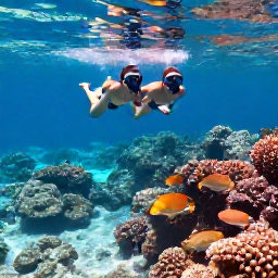 Caribbean Holidays, Aruba Honeymoon July, Honeymoon couple snorkelling above a colourful coral reef in Aruba, tropical fish and clear shallow water