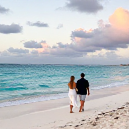Caribbean Holidays, Aruba Honeymoon July, Newlywed couple walking along a quiet white-sand beach in Aruba at sunset, calm turquoise sea and gentle trade winds