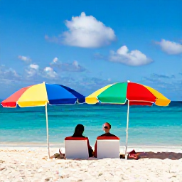 Caribbean Holidays, Aruba Honeymoon July, Romantic couple relaxing on Palm Beach in Aruba, colourful beach umbrellas, clear turquoise water and a warm blue sky