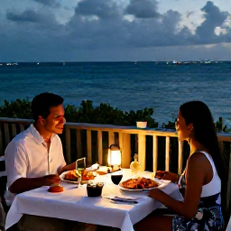 Caribbean Holidays, Aruba Honeymoon July, Romantic outdoor dinner for two at an Aruba restaurant, lanterns, fresh seafood and a view of the evening sea