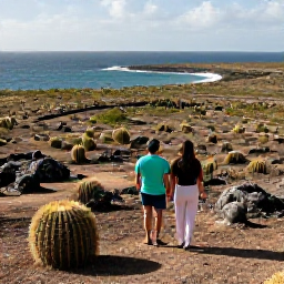Caribbean Holidays, Aruba Honeymoon November, Couple exploring rugged Arikok National Park in Aruba, desert landscape, cacti and dramatic coastline