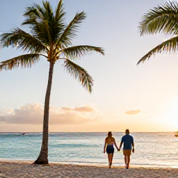 Caribbean Holidays, Aruba Honeymoon November, Couple walking hand in hand along Palm Beach in Aruba at sunset, calm turquoise sea and soft golden light