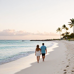 Caribbean Holidays, Aruba Honeymoon October, A newlywed couple walking along a sunny white-sand beach in Aruba at sunset, calm turquoise sea and palm trees