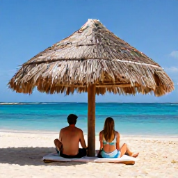 Caribbean Holidays, Aruba Honeymoon October, Couple relaxing beneath a palapa on Eagle Beach in Aruba, clear blue water and soft golden sand