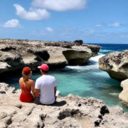 Caribbean Holidays, Aruba Honeymoon October, Honeymoon couple exploring Aruba&rsquo;s rugged coastline near the Natural Pool, dramatic rocks and bright Caribbean sunshine