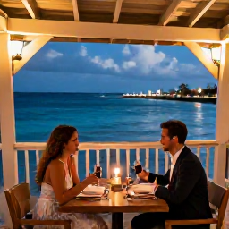 Caribbean Holidays, Aruba Honeymoon October, Romantic dinner for two at an open-air restaurant beside the Caribbean Sea in Aruba, candles and evening lights