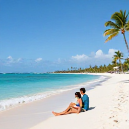 Caribbean Holidays, Aruba Honeymoon, Romantic couple sharing a quiet moment on a white sandy Aruba beach beside clear Caribbean water and palm trees
