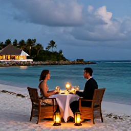 Caribbean Holidays, Aruba Honeymoon, Romantic outdoor dinner for two at an Aruba beachfront restaurant, glowing lanterns, tropical evening and ocean view