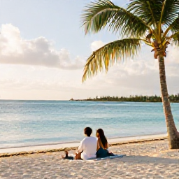 Caribbean Holidays, Aruba Honeymoons, A couple relaxing on a quiet Aruba beach with turquoise water, palm trees and soft golden sunlight