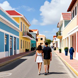 Caribbean Holidays, Aruba Honeymoons, A honeymoon couple exploring Aruba&rsquo;s colourful streets and historic architecture in Oranjestad