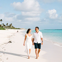 Caribbean Holidays, Aruba Honeymoons, A newlywed couple walking along a bright white Caribbean beach in Aruba during a warm April afternoon