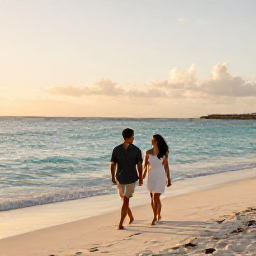 Caribbean Holidays, Aruba Honeymoons, A newlywed couple walking barefoot along a quiet white-sand beach in Aruba at sunset, calm turquoise sea and warm golden light