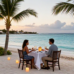 Caribbean Holidays, Aruba Honeymoons, An elegant beachfront dinner for two in Aruba at sunset with candles, tropical scenery and calm turquoise sea