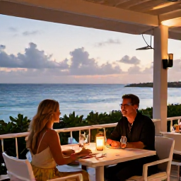 Caribbean Holidays, Aruba Honeymoons, Couple enjoying a candlelit dinner at a stylish open-air restaurant overlooking the Caribbean Sea in Aruba