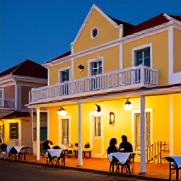 Caribbean Holidays, Aruba Honeymoons, Couple enjoying a relaxed evening in Oranjestad, Aruba, colourful colonial buildings, outdoor tables and warm tropical light