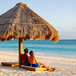 Caribbean Holidays, Aruba Honeymoons, Couple relaxing on a quiet Aruba beach beneath a palapa, turquoise water, white sand and gentle afternoon sunshine