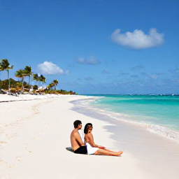 Caribbean Holidays, Aruba Honeymoons, Couple relaxing on a quiet white-sand beach in Aruba with turquoise water and palm trees