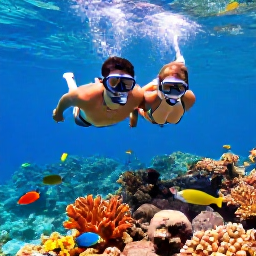 Caribbean Holidays, Aruba Honeymoons, Couple snorkelling above colourful coral and tropical fish in the clear waters of Aruba