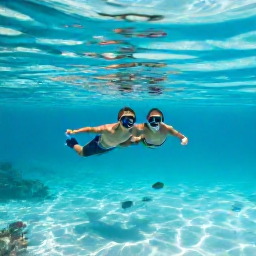 Caribbean Holidays, Aruba Honeymoons, Couple snorkelling in clear turquoise water near Aruba, colourful tropical fish and coral visible beneath the surface